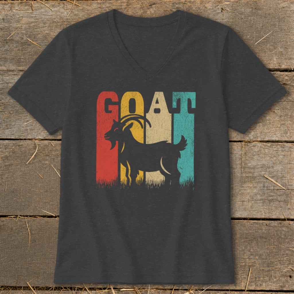 Dark grey v-neck t-shirt with vintage "GOAT" text and silhouette of a goat.