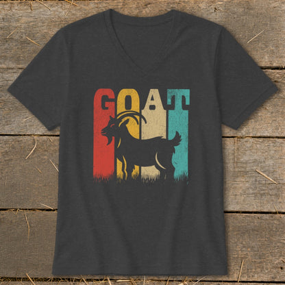 Dark grey v-neck t-shirt with vintage "GOAT" text and silhouette of a goat.