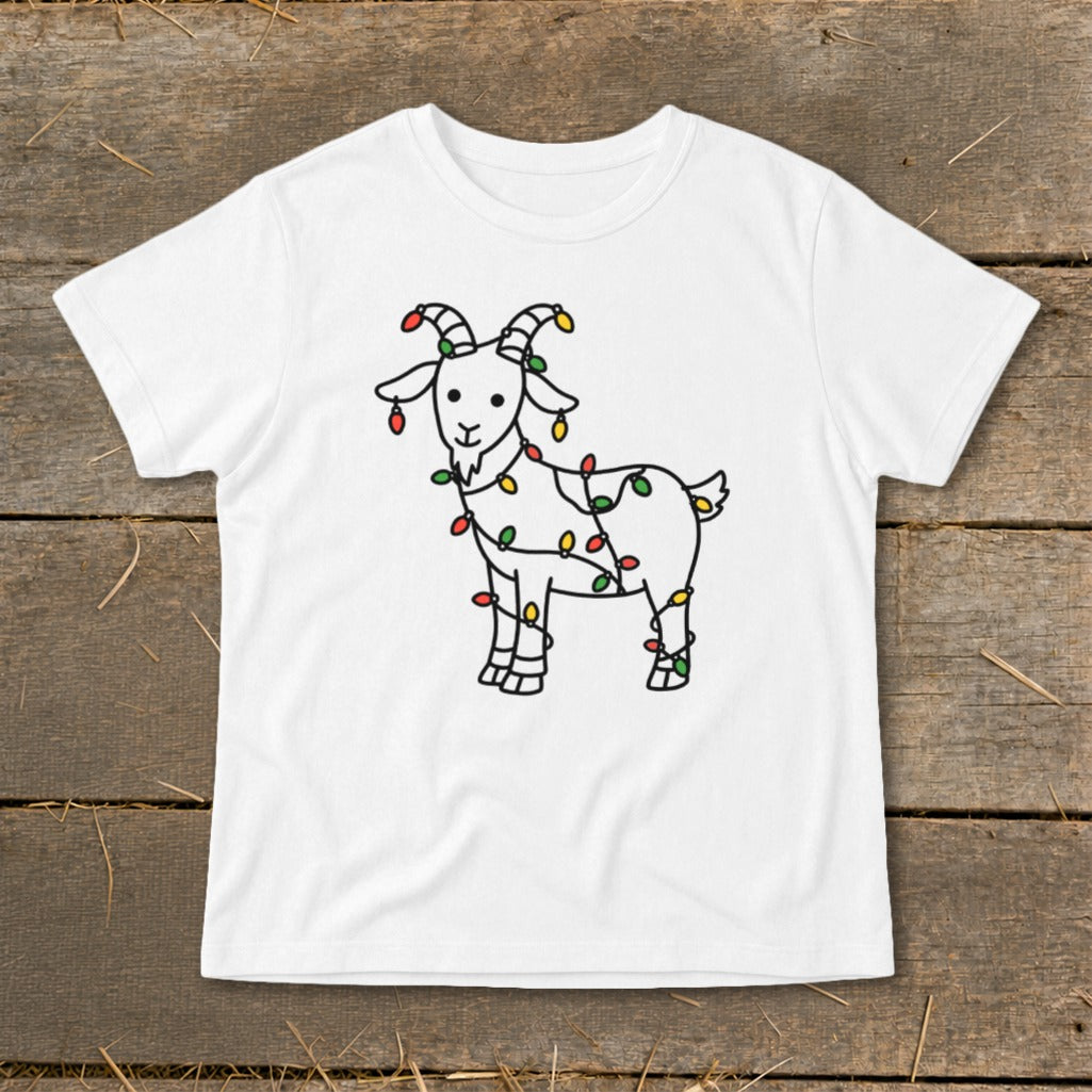White t-shirt with a cartoon goat wrapped in colorful Christmas lights.