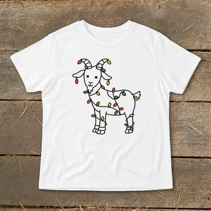 White t-shirt with a cartoon goat wrapped in colorful Christmas lights.