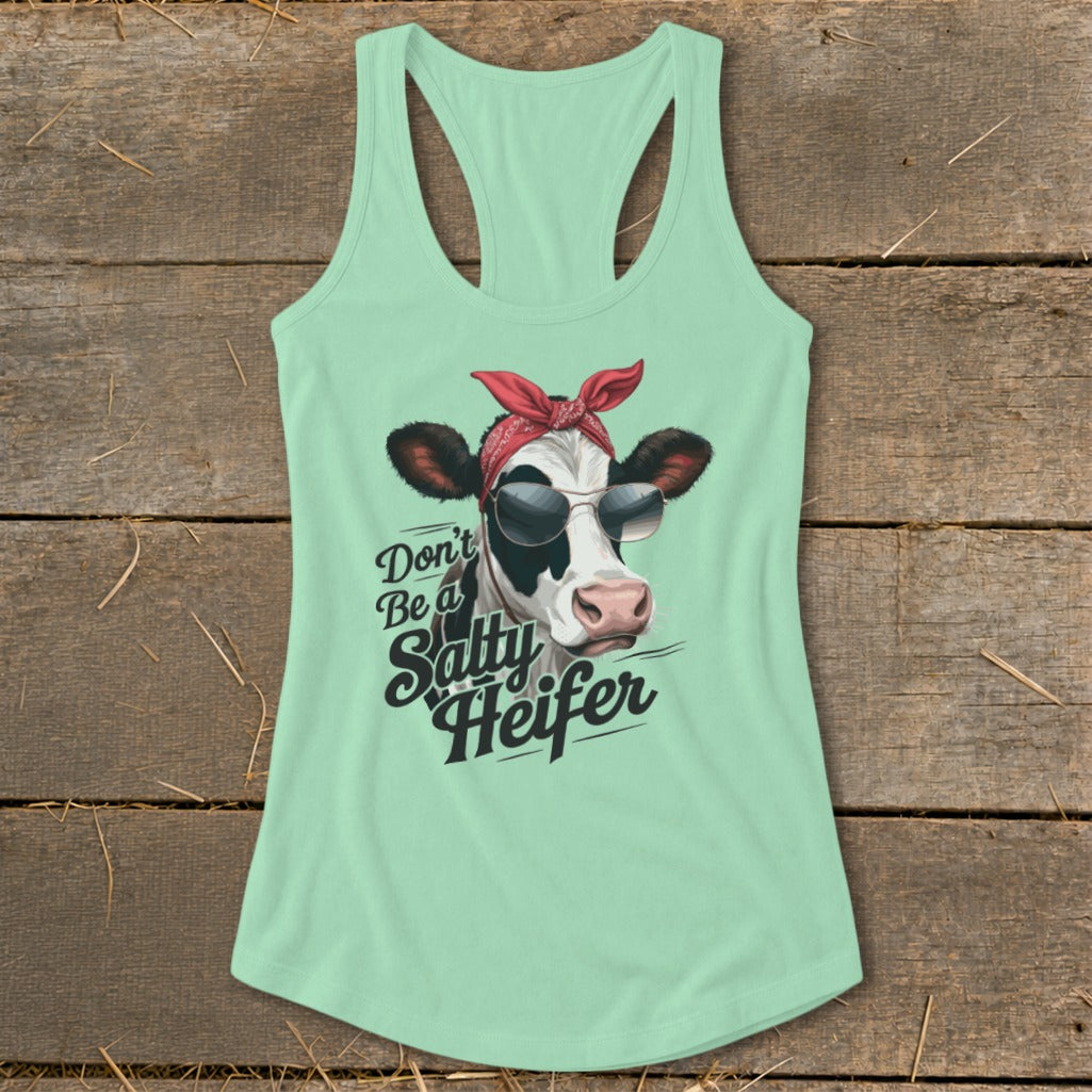 Mint tank top with a cow wearing sunglasses and a bandana, saying "Don't Be a Salty Heifer".