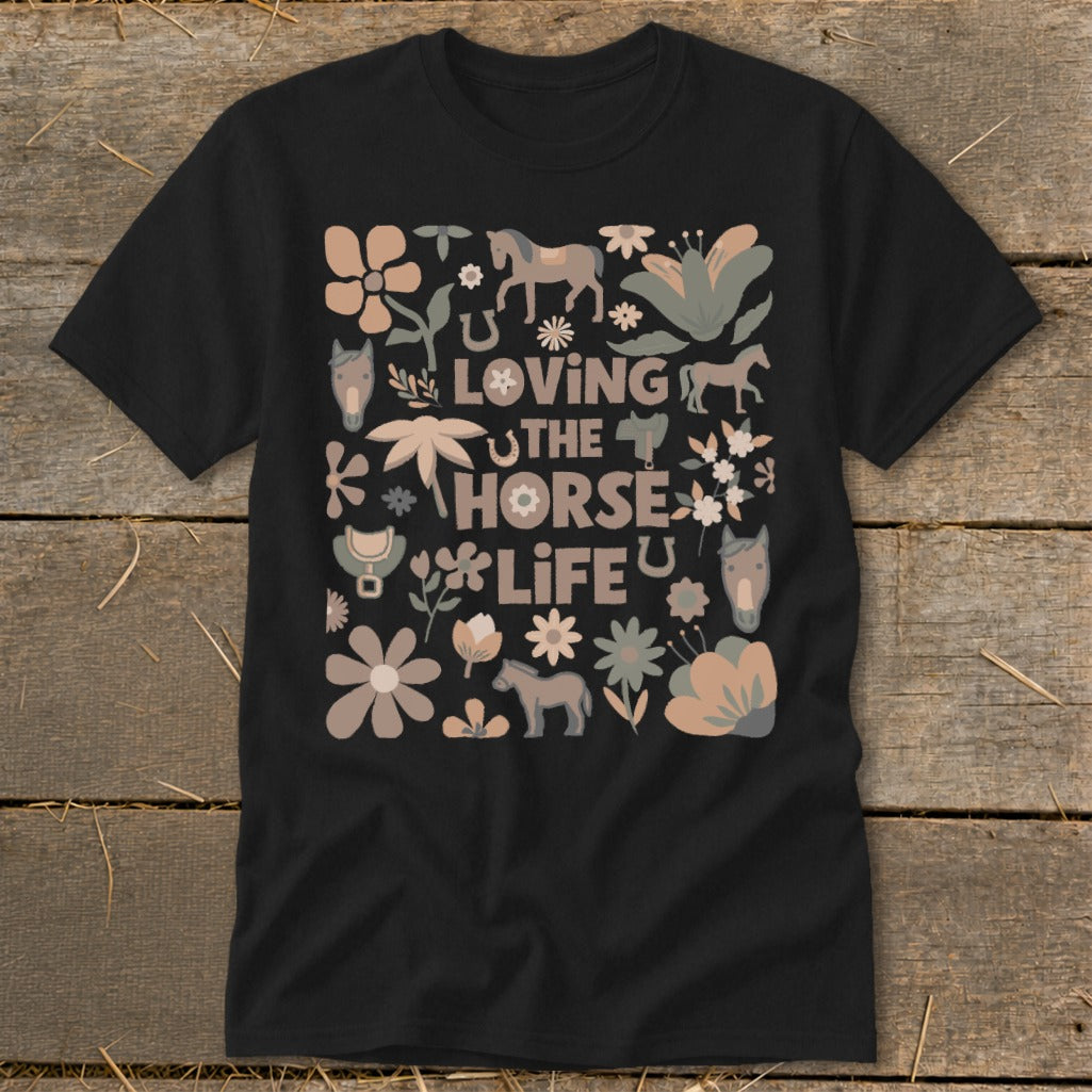 Black t-shirt with "Loving the Horse Life" text and horse-themed graphics.