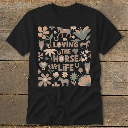 Black t-shirt with "Loving the Horse Life" text and horse-themed graphics.
