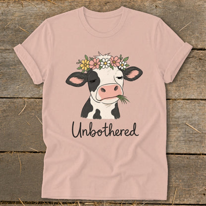 Pink t-shirt with cow wearing flower crown and text "Unbothered".