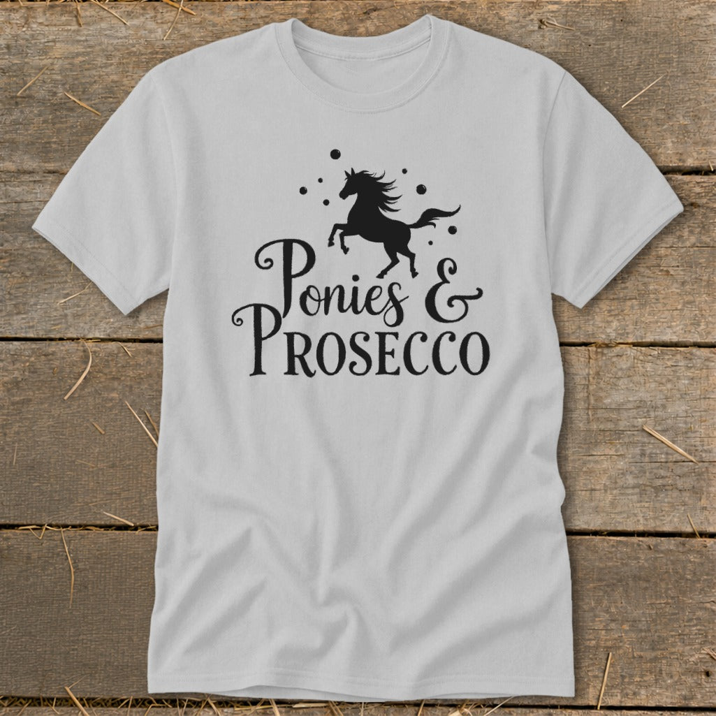 Grey t-shirt with black graphic of a horse and text "Ponies & PROSECCO".