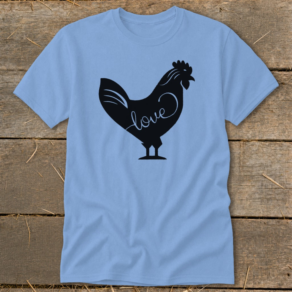 Light blue t-shirt with a black silhouette of a chicken and the word "love".