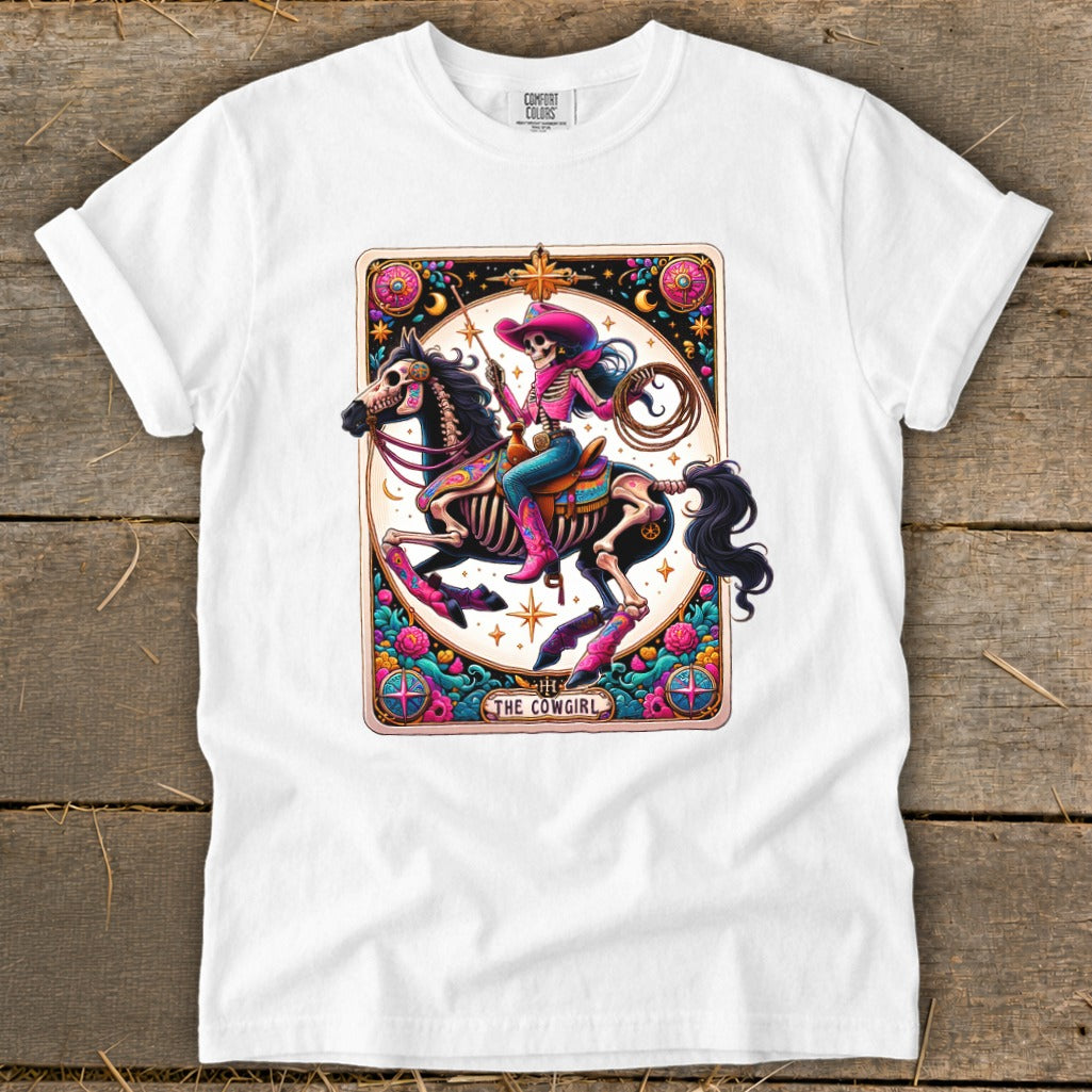 Skeleton cowgirl on horseback wearing pink hat and boots, text "The Cowgirl".