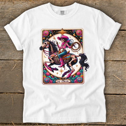Skeleton cowgirl on horseback wearing pink hat and boots, text "The Cowgirl".