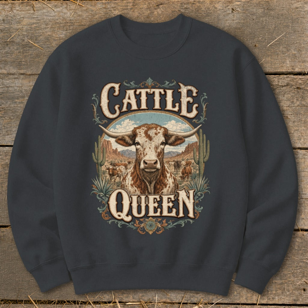 Longhorn steer with "Cattle Queen" text and desert landscape graphic.
