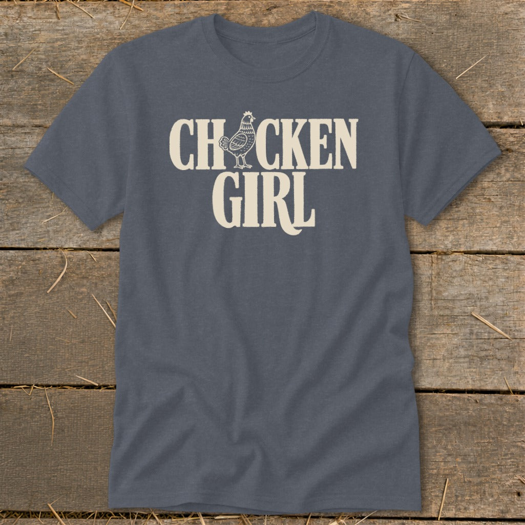 T-shirt with cream text "CHICKEN GIRL" and a chicken illustration.