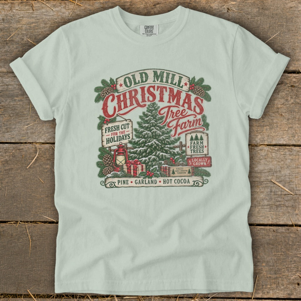 T-shirt graphic for "Old Mill Christmas Tree Farm" with vintage elements.
