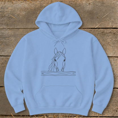 Light blue hoodie with a minimalist black line drawing of a horse's head.