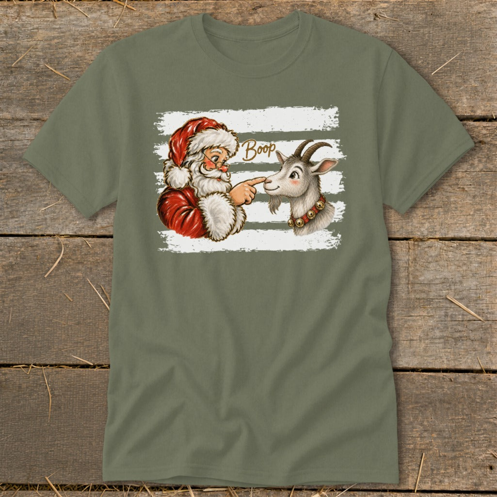 Santa booping a goat on the nose with the word "Boop" above.
