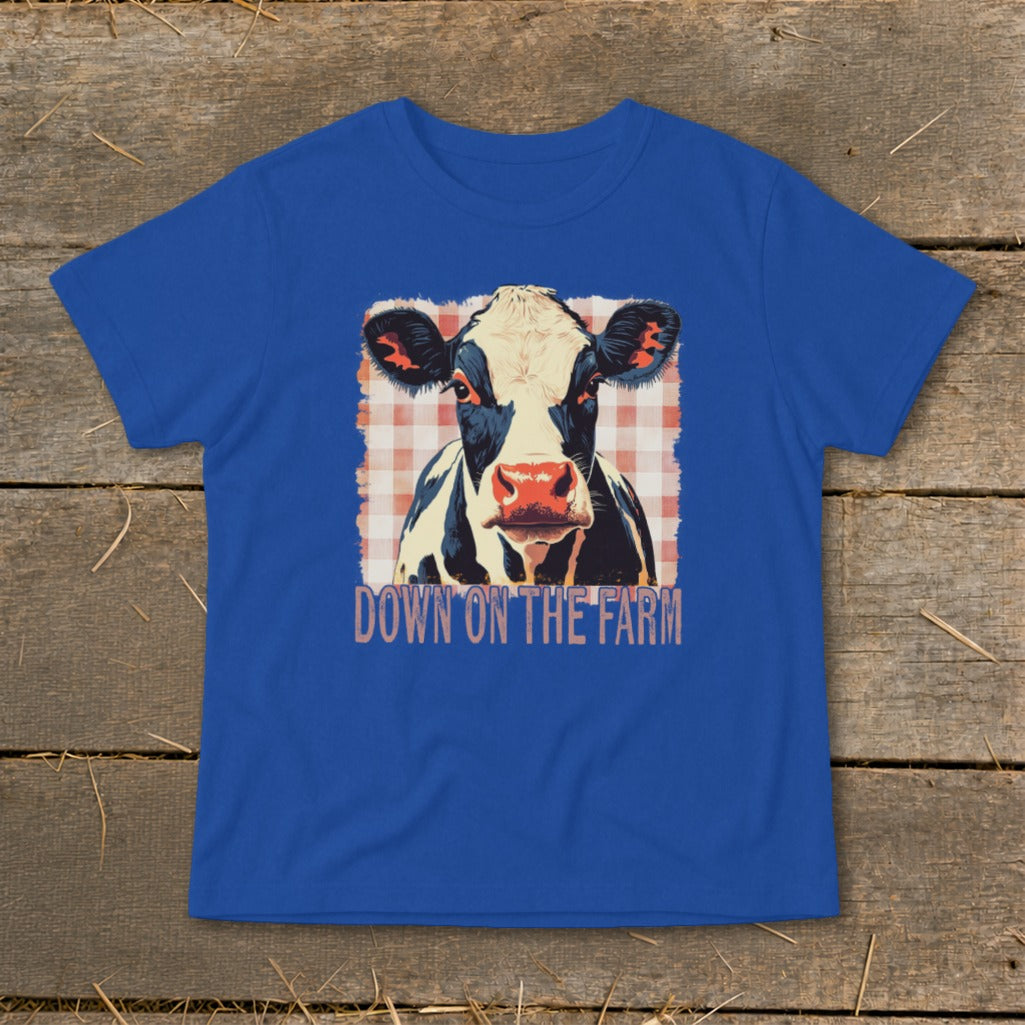 Blue t-shirt with a cow graphic and text "DOWN ON THE FARM".