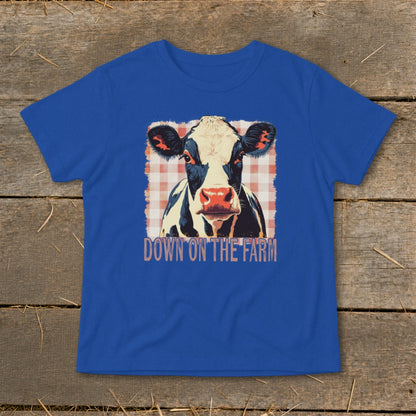 Blue t-shirt with a cow graphic and text "DOWN ON THE FARM".