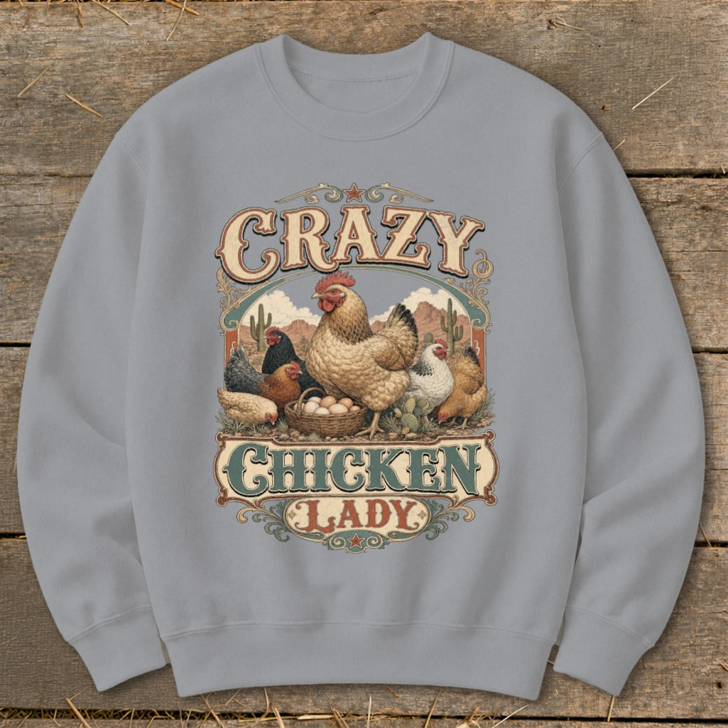 Crewneck sweatshirt with "Crazy Chicken Lady" text and chickens illustration.