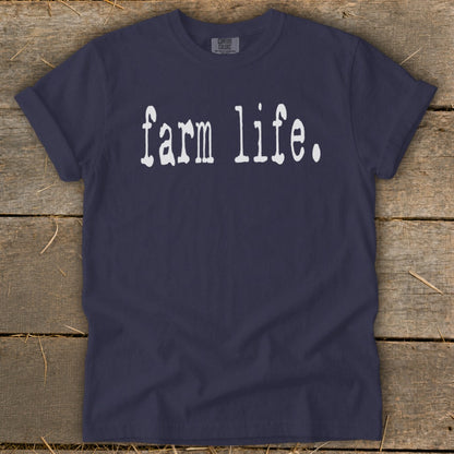 Navy t-shirt with white text reading "farm life."