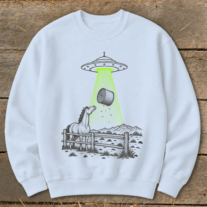 UFO beaming a hay bale onto a horse in a rural landscape.