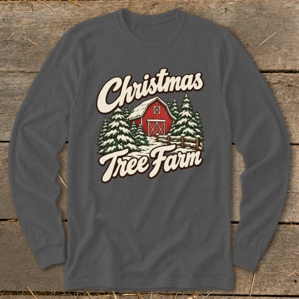 Christmas Tree Farm graphic with a red barn and snowy evergreen trees.