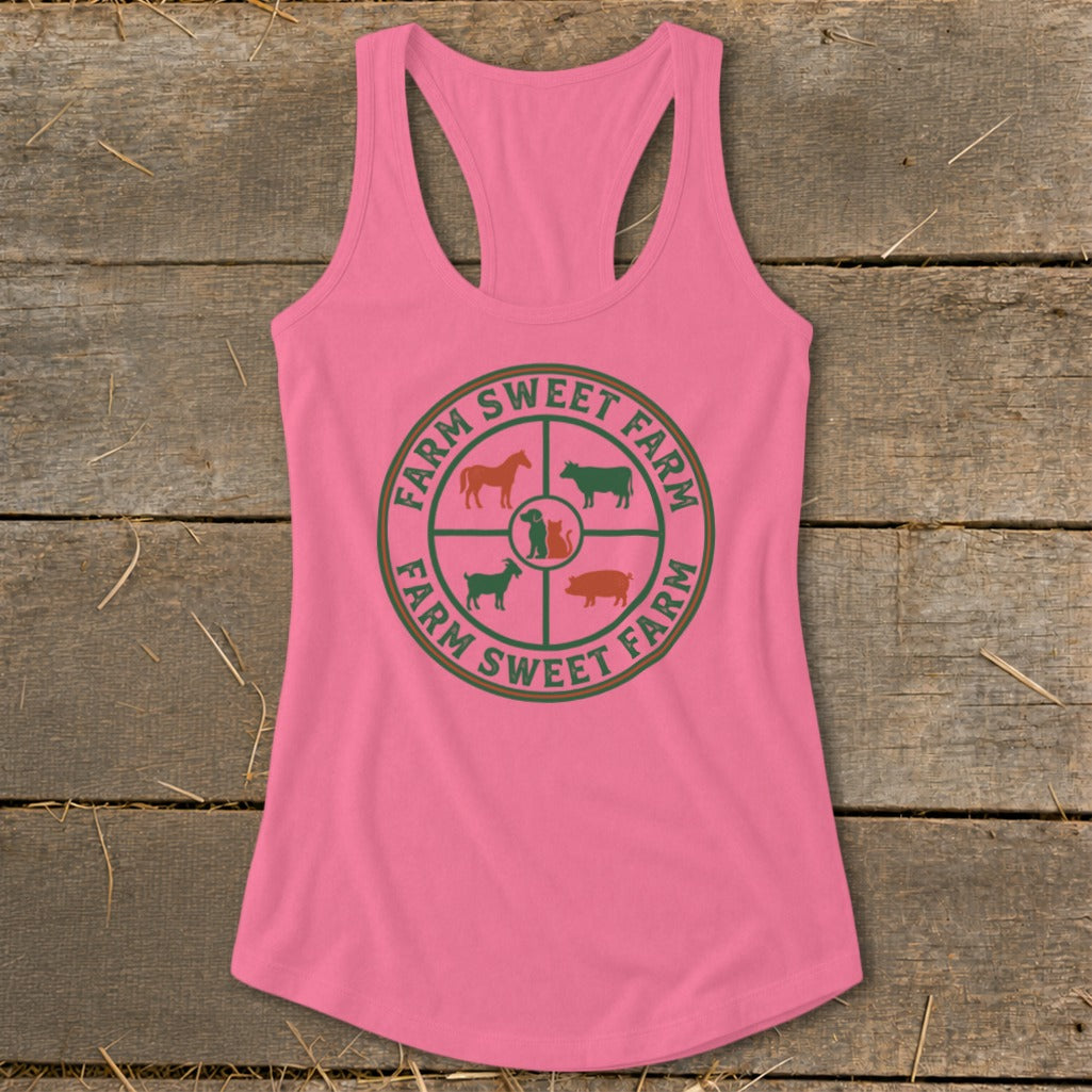Pink racerback tank top with a circular farm animal logo and text.
