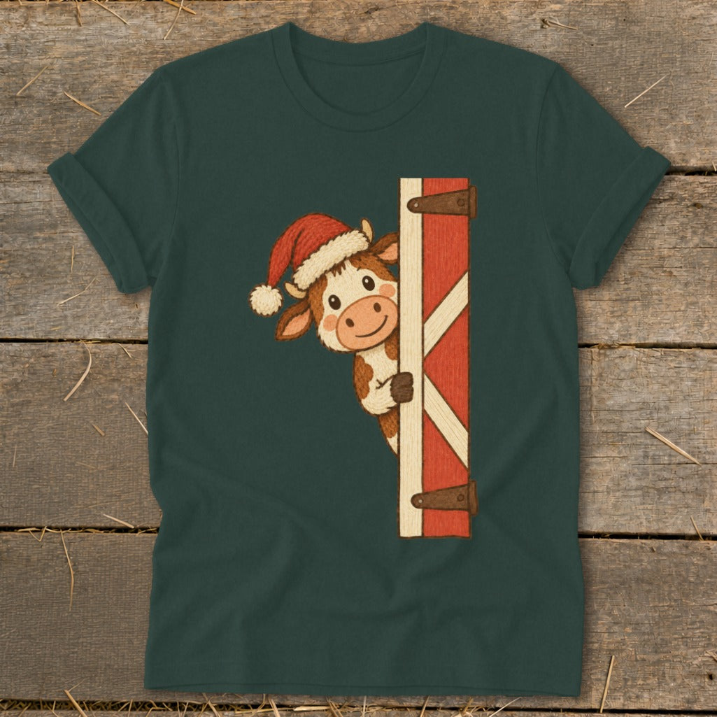 Cute cartoon cow wearing Santa hat peeking from behind a red barn door.