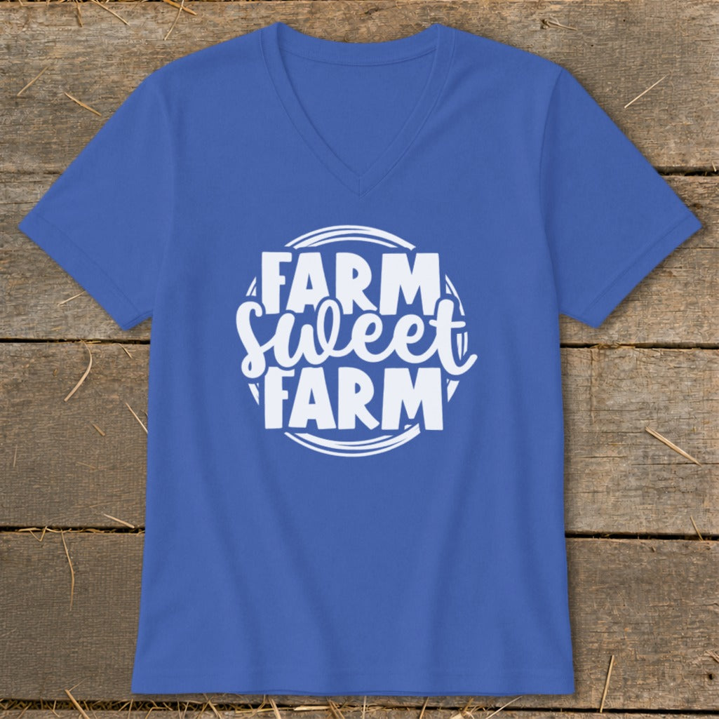 Blue V-neck t-shirt with white "Farm Sweet Farm" text design in a circular emblem.