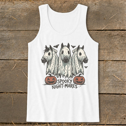 White tank top with horses in ghost costumes and pumpkins, text "Spooky Night-Mares".