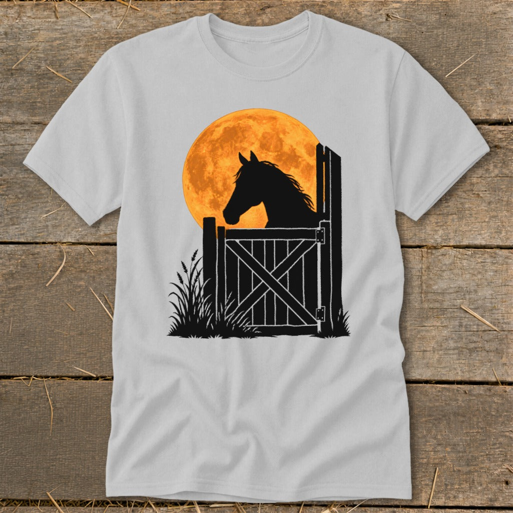 Light gray t-shirt featuring a graphic of a horse silhouette looking over a stable door against a large orange moon.