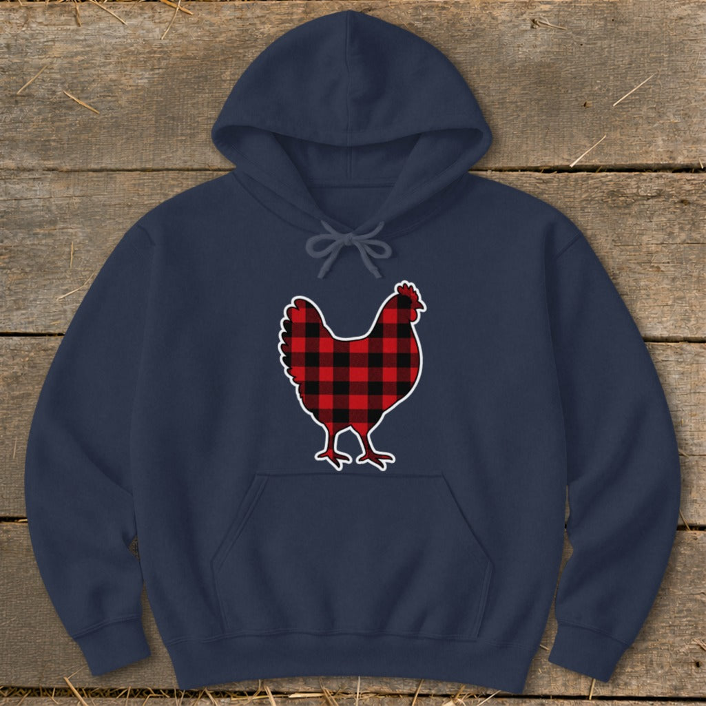 Navy hoodie with red and black buffalo plaid chicken graphic.
