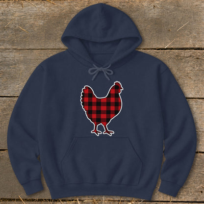 Navy hoodie with red and black buffalo plaid chicken graphic.