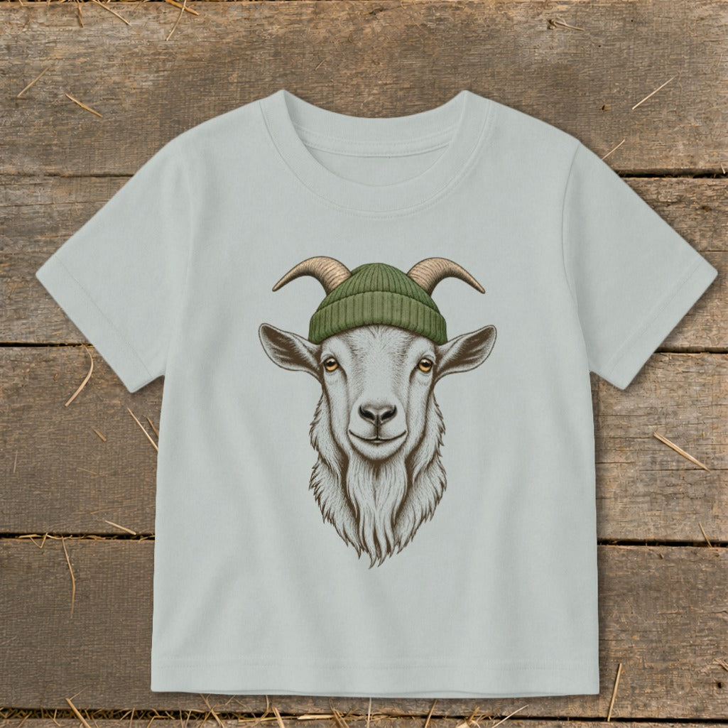 T-shirt with illustration of a goat wearing a green beanie.