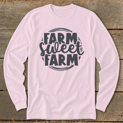 Pink long-sleeve shirt with "Farm Sweet Farm" text in a circle.