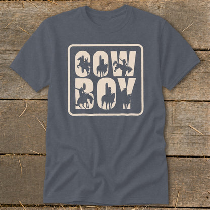 Grey t-shirt with "COW BOY" text featuring silhouettes of cowboys on horses.