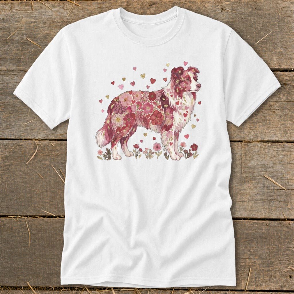 White t-shirt with watercolor floral and heart design of a standing dog.