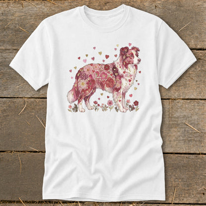 White t-shirt with watercolor floral and heart design of a standing dog.