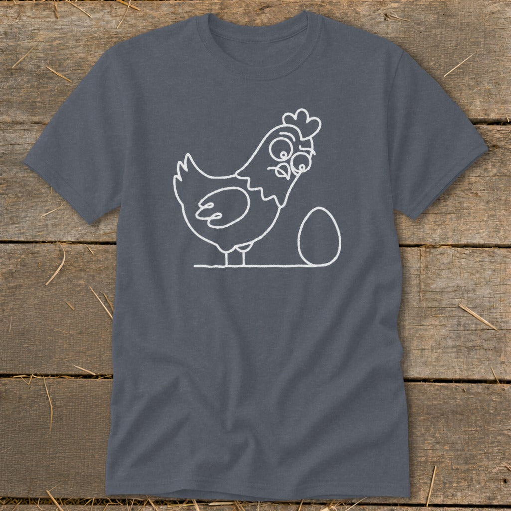 White line drawing of a confused chicken with an egg on a dark gray t-shirt.