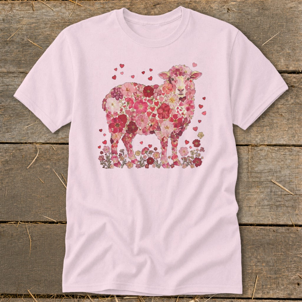 Pink t-shirt with a sheep formed from pink and red flowers and hearts.