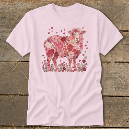 Pink t-shirt with a sheep formed from pink and red flowers and hearts.