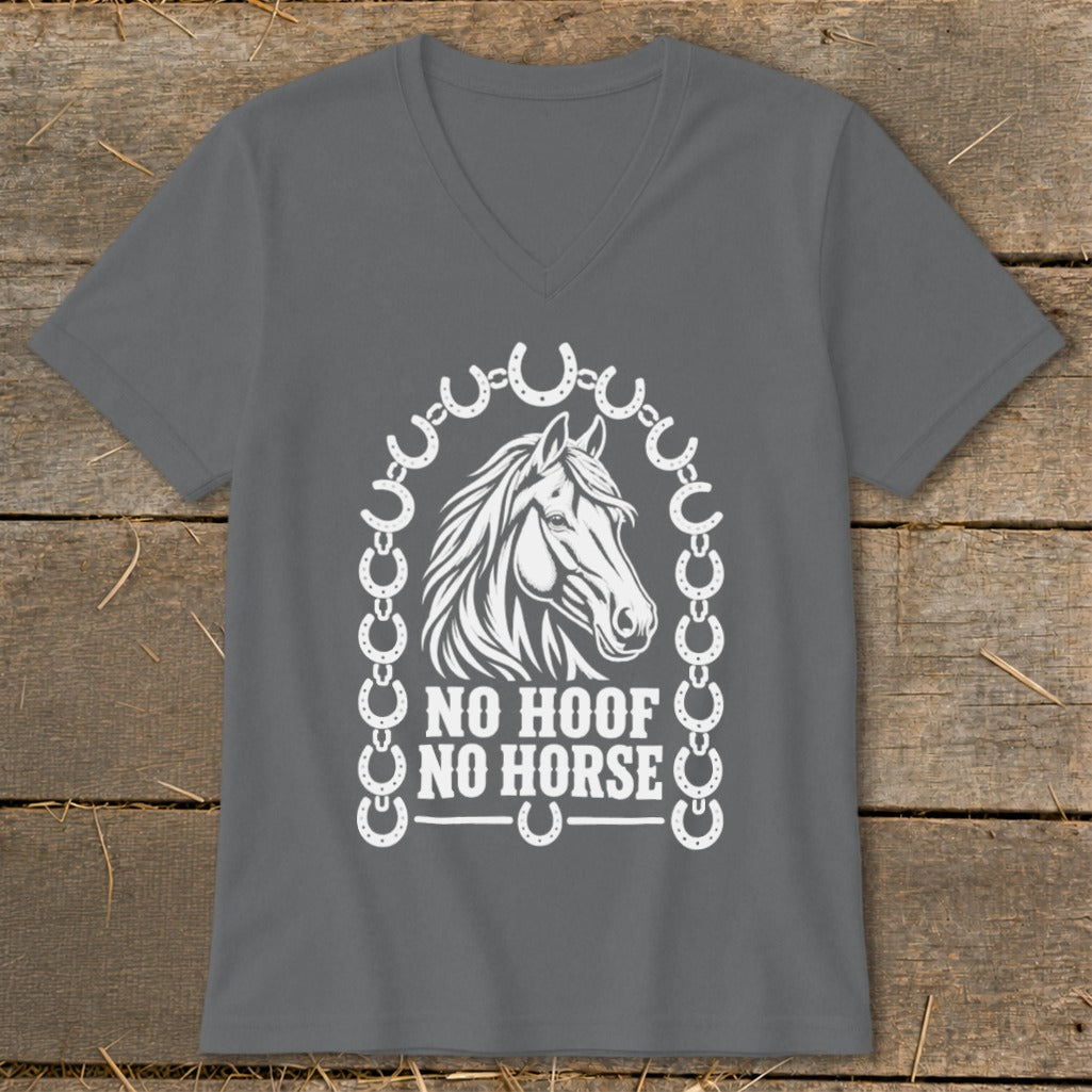 Grey t-shirt with white horse head graphic and "NO HOOF NO HORSE" text.
