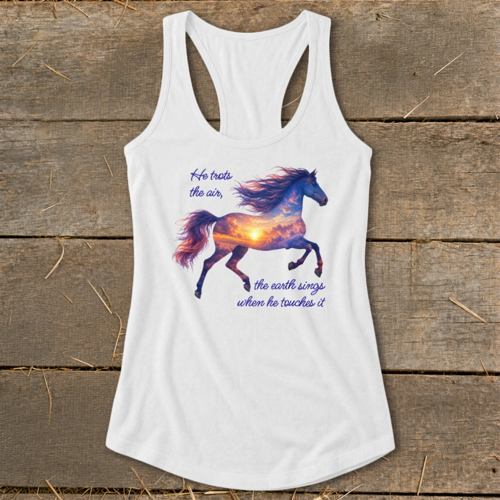 White racerback tank top with a sunset horse graphic and the text He trots the air.
