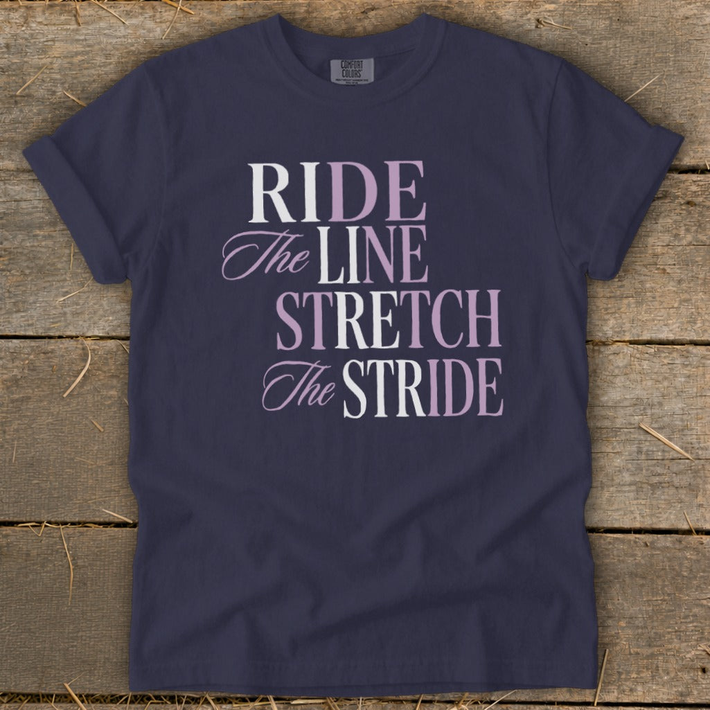 Dark navy t-shirt with text "RIDE The LINE STRETCH The STRIDE".