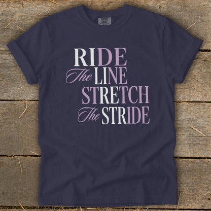 Dark navy t-shirt with text "RIDE The LINE STRETCH The STRIDE".