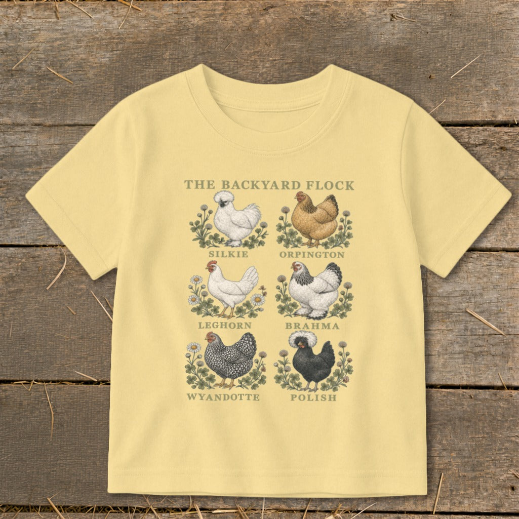Yellow t-shirt with "The Backyard Flock" text and six illustrations of different chicken breeds.
