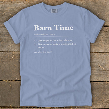 Light blue t-shirt with "Barn Time" definition printed in white.