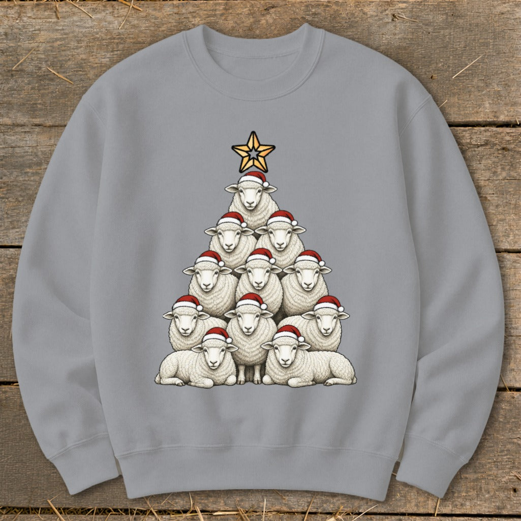 Sheep arranged in a Christmas tree shape wearing Santa hats, topped with a star.
