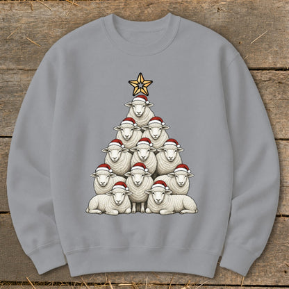 Sheep arranged in a Christmas tree shape wearing Santa hats, topped with a star.