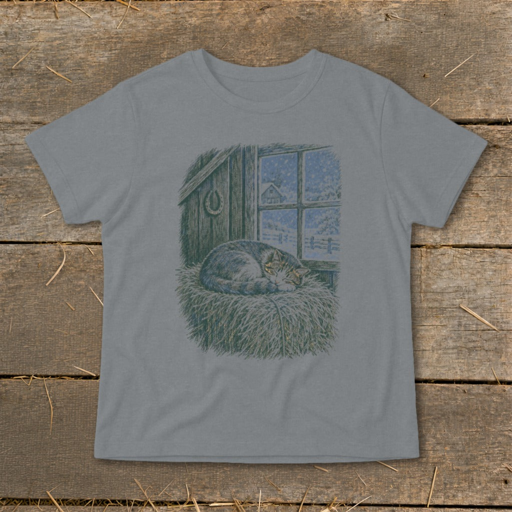 T-shirt with a tabby cat sleeping on hay in front of a snowy window.