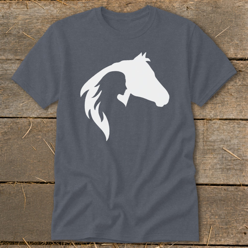 White silhouette of a woman's profile and a horse's head on a charcoal t-shirt.
