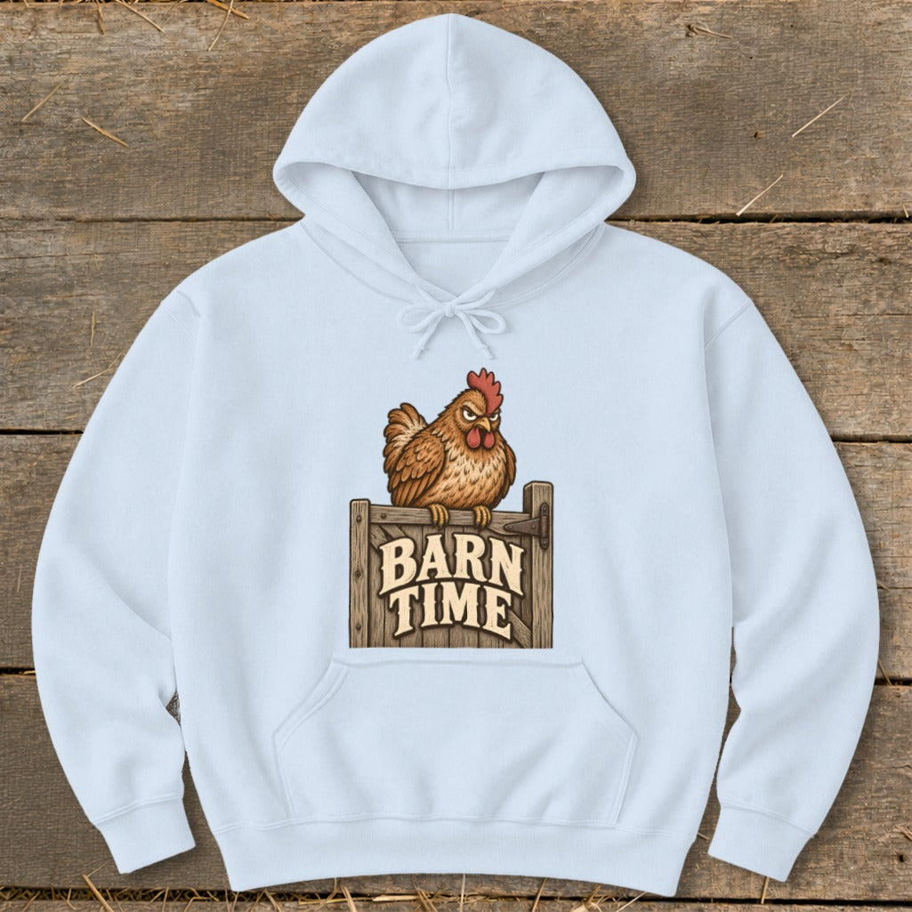 Light blue hoodie with a cartoon chicken sitting on a "Barn Time" sign.