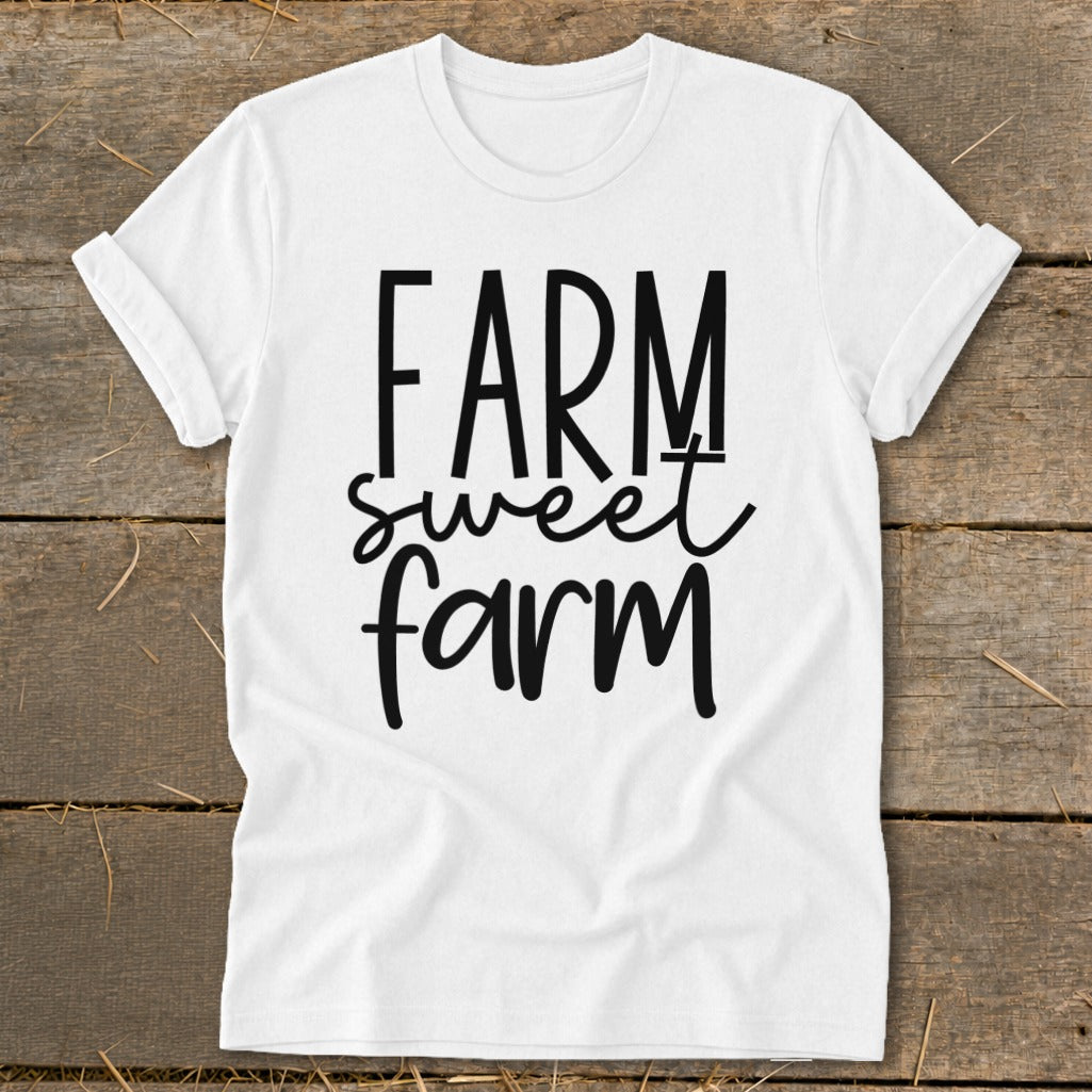 White t-shirt with "Farm sweet farm" text in black cursive and block letters.